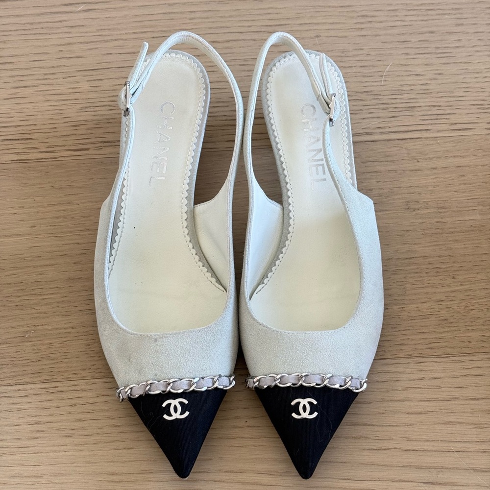 Chanel mint green with black suede logo pointed toe sling back heels 38